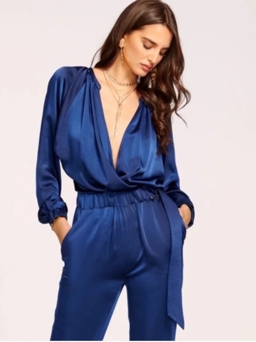 Ramy Brook Navy Blue Satin Jumpsuit